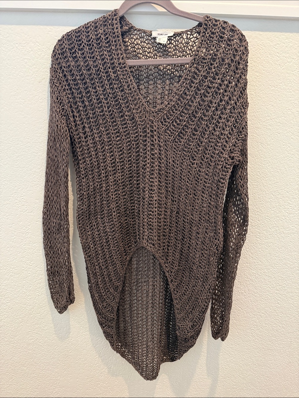 Helmut Lang Open Knit High-Low V-Neck Sweater Brown Size M